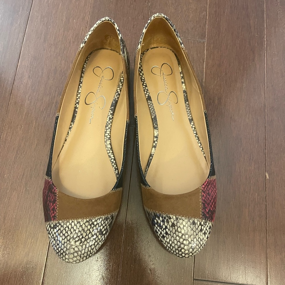 JESSICA SIMPSON Womens Brown Snake Wrapped Heel Gabrieli Slip On Flats - Picture 2 of 3